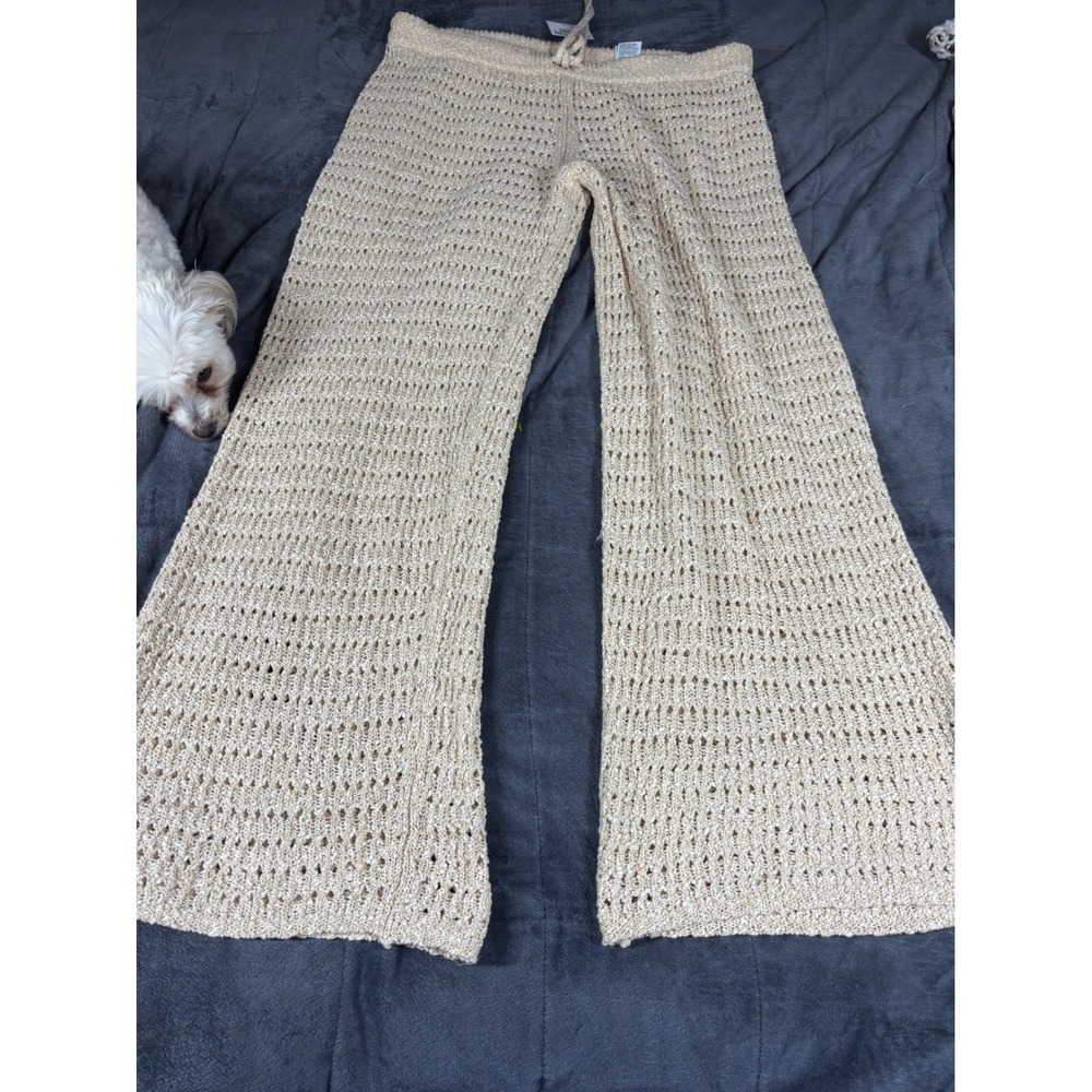 American Eagle Womens XL Tan Crochet Knit Wide Leg Pants Drawstring Cotton Boho